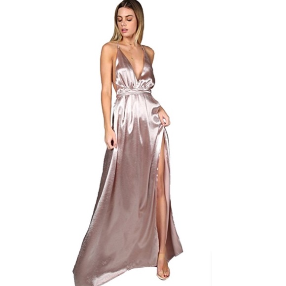 SHEIN Dresses & Skirts - Satin Deep V Neck Backless Maxi Party Dress